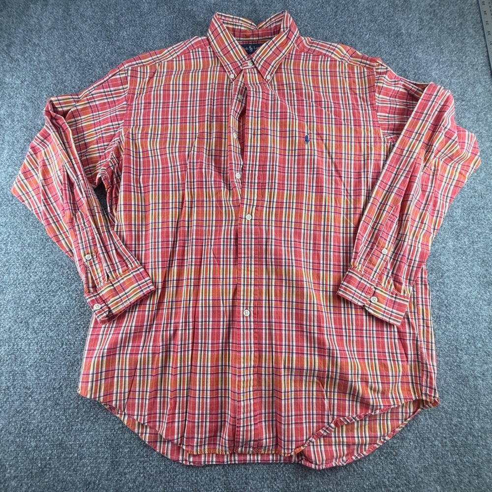 Ralph Lauren Blake Mens Large Red Orange Plaid Cotton Long Sleeve Button Down
